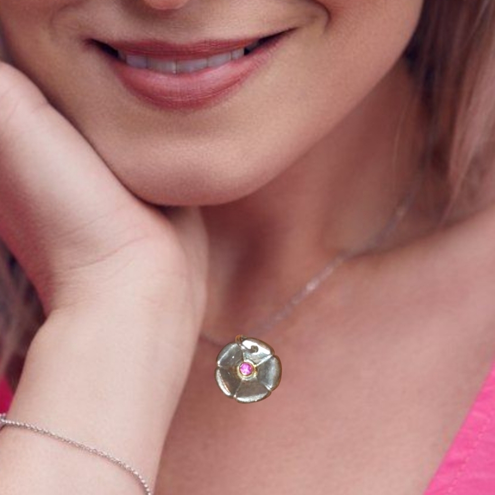 Handcrafted Silver flower Charm sterling & Rose Quartz